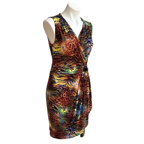 Joseph Ribkoff Multicolor Animal Print Sleeveless Faux Wrap Dress Belt Size 8 - Picture 3 of 10